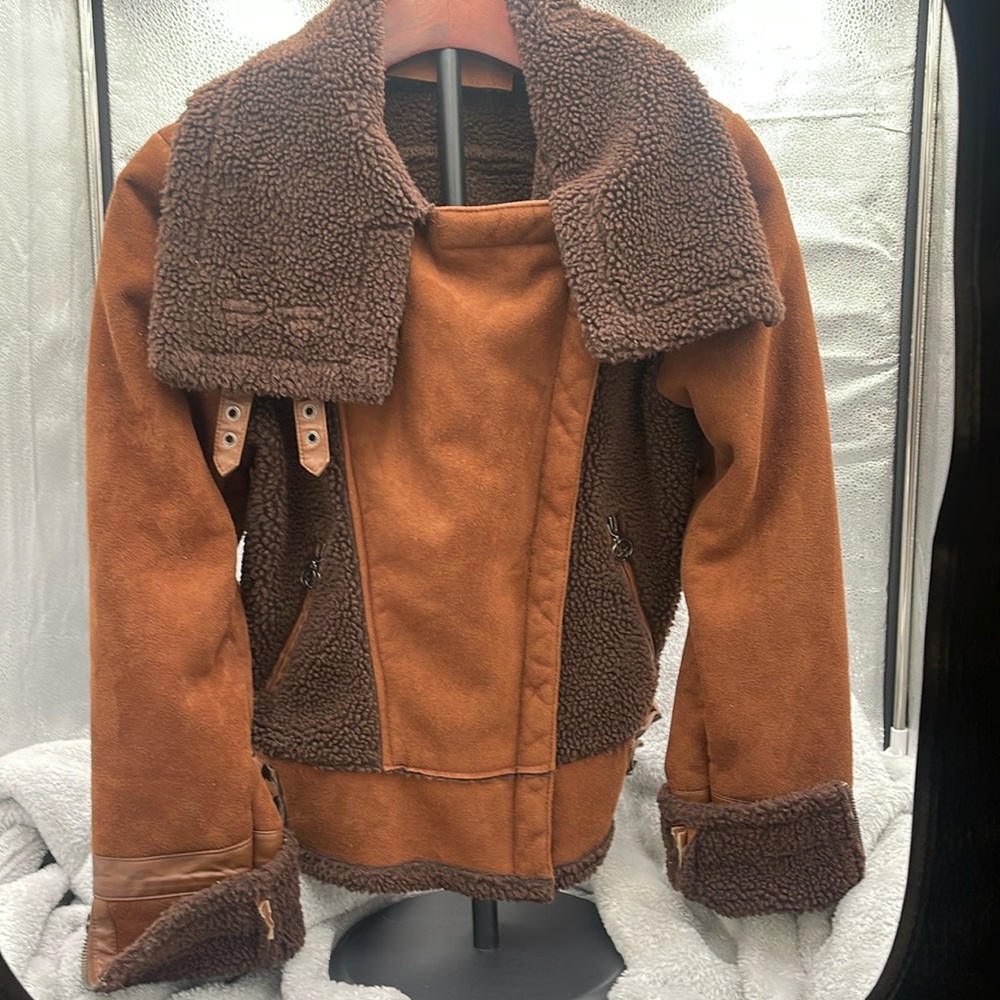 Topshop Brown Faux Shearling Moto Jacket